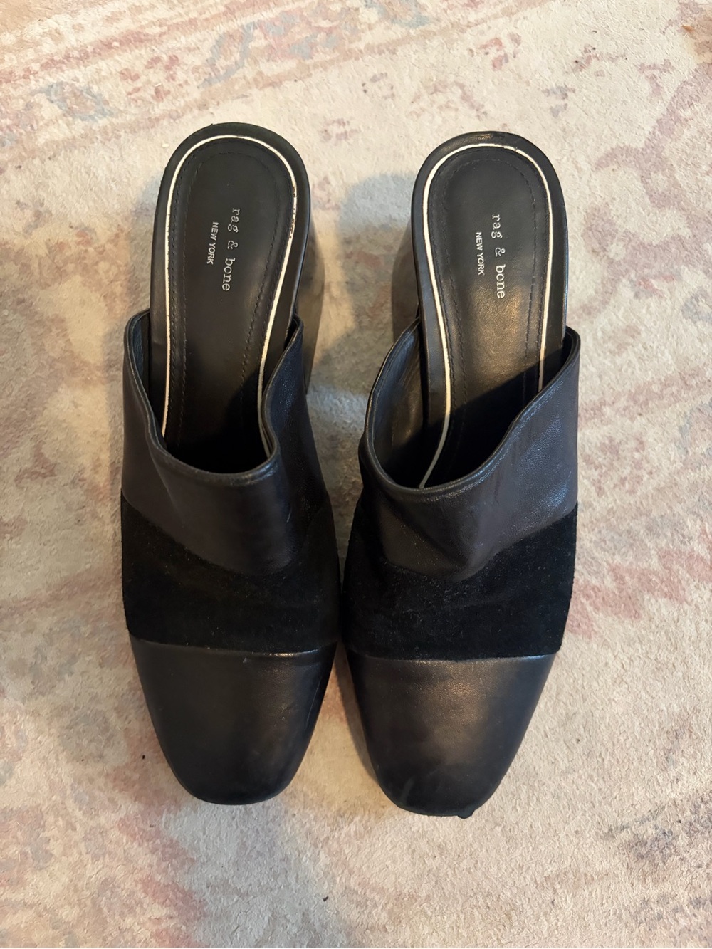 Rag & Bone Black Leather & Suede Block Heel Mules